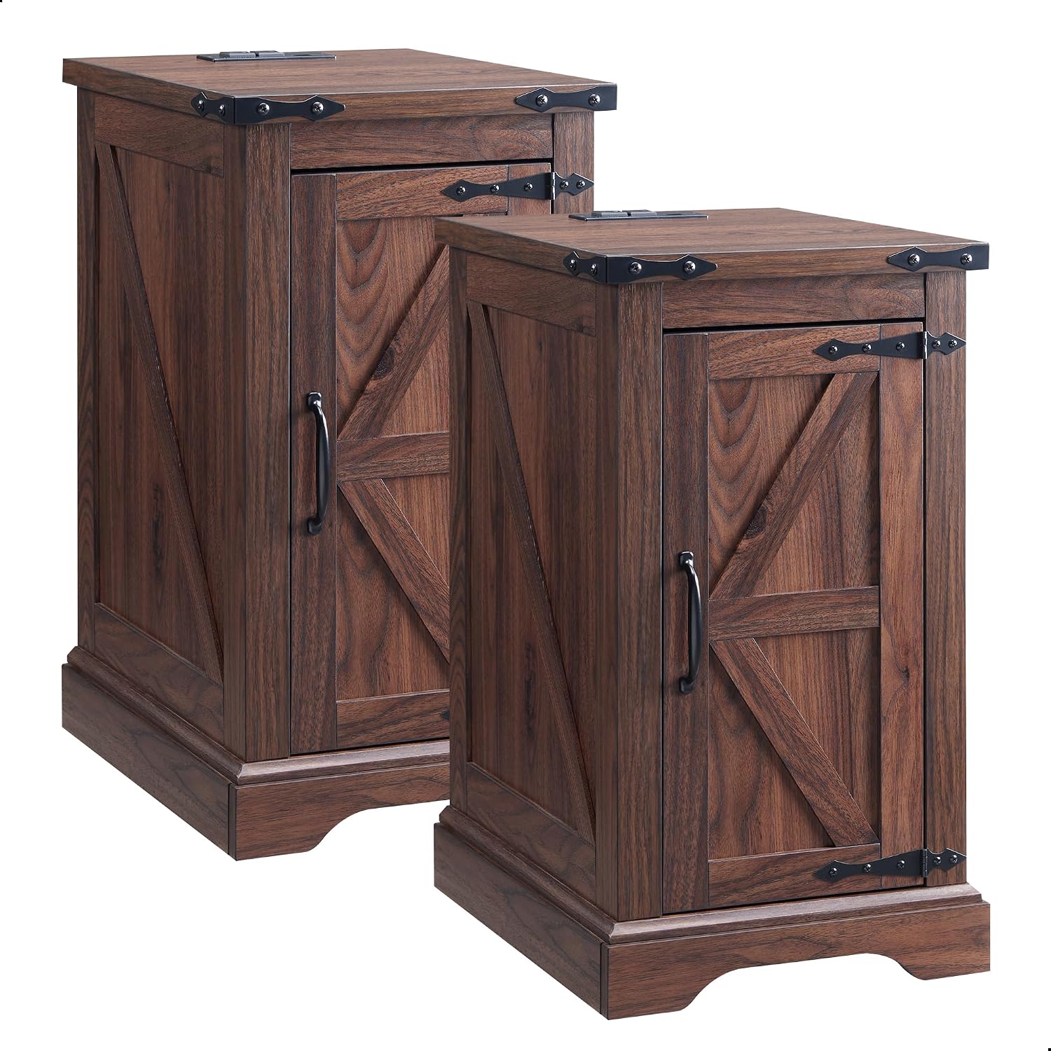JXQTLINGMU Farmhouse 17" Nightstand Set of 2, Brown | Rectangular/ Rustic End Table with Barn Door /Adjustable Shelf/ Wood Sofa Side Table/ for Living Room, Bedroom