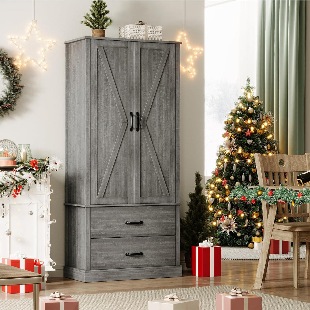 65" Tall Kitchen Pantry Cabinet with Barn Doors, Drawers & Adjustabl...