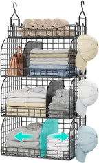 HapiRm Hanging Closet Organizer Storage - 4 Tier Metal Stackable Hanging Closet Shelves with Dividers and S Hooks, Foldable Clothes Shelves for Clothes, Pants, Shoes, Coat, Hats Clutches Accessories