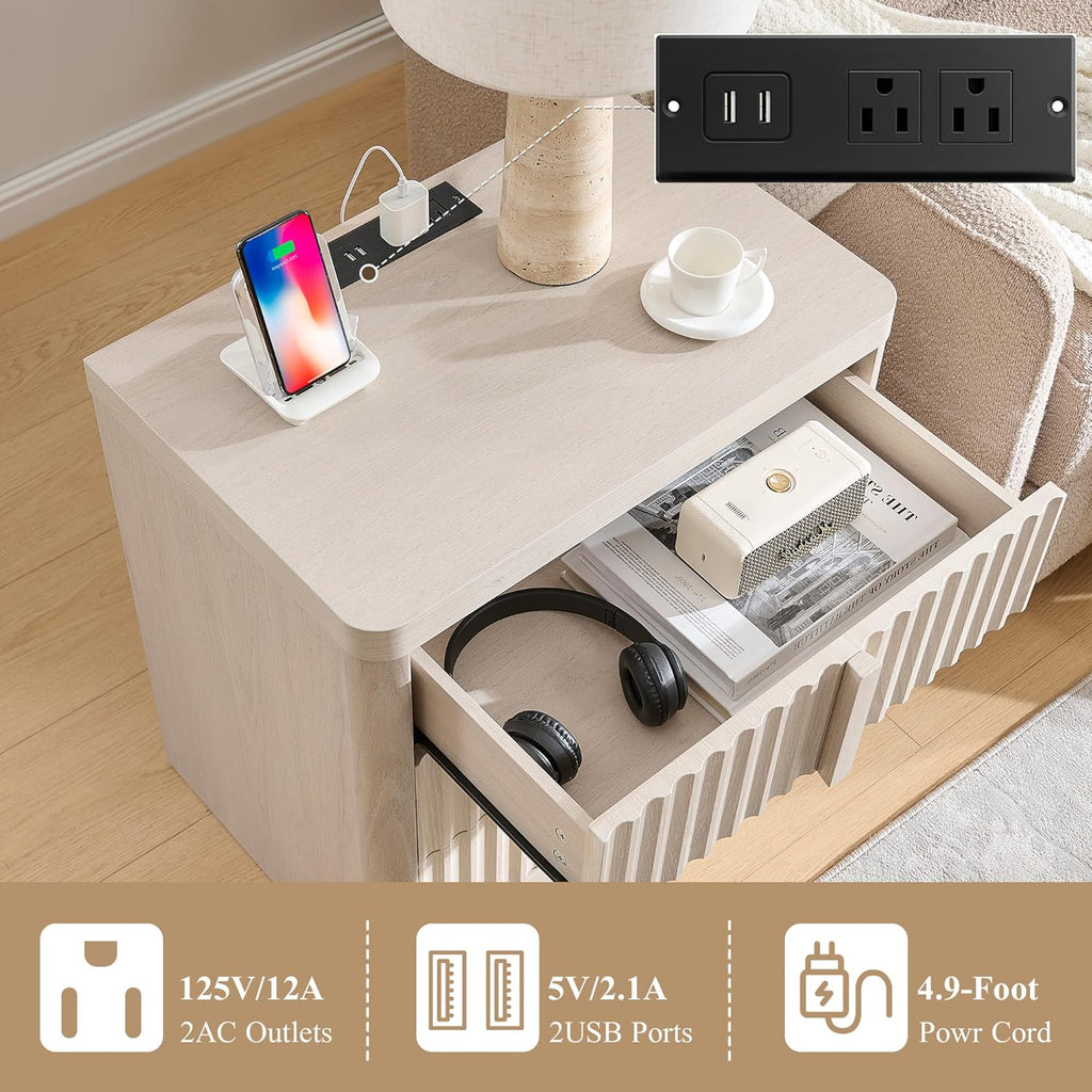 23.6" Nightstand Set of 2 with Charging Station, Side Table with 3 Large Storage Drawers, Mid Century Modern Night Stand with Solid Wood Handle, Bedside End Table for Bedroom, Living Room