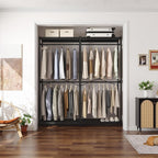Homykic Bamboo Clothes Rack with Shelves and Double Hang Rods, Portable Closet System Garment Rack for Hanging Clothes, Tall Clothing Rack Corner Closet Organizer, Easy to Built, Freestanding, Black