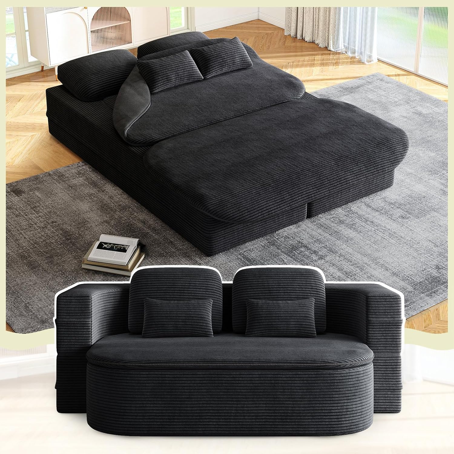 Antetek Convertible Sleeper Sofa, Modern Folding Futon Corduroy Floor Foam Compression Loveseat Sofa Bed Couch, Foldable Full Size Guest Bed with 4 Pillows for Living Room Bedroom Apartment, Black