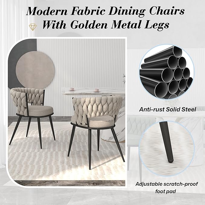 KCC Fabric Dining Chairs Set of 6, Modern Dining Chair with Metal Legs, Woven Upholstered Dining Chairs for Dining Room, Kitchen, Vanity, Living Room (Beige)