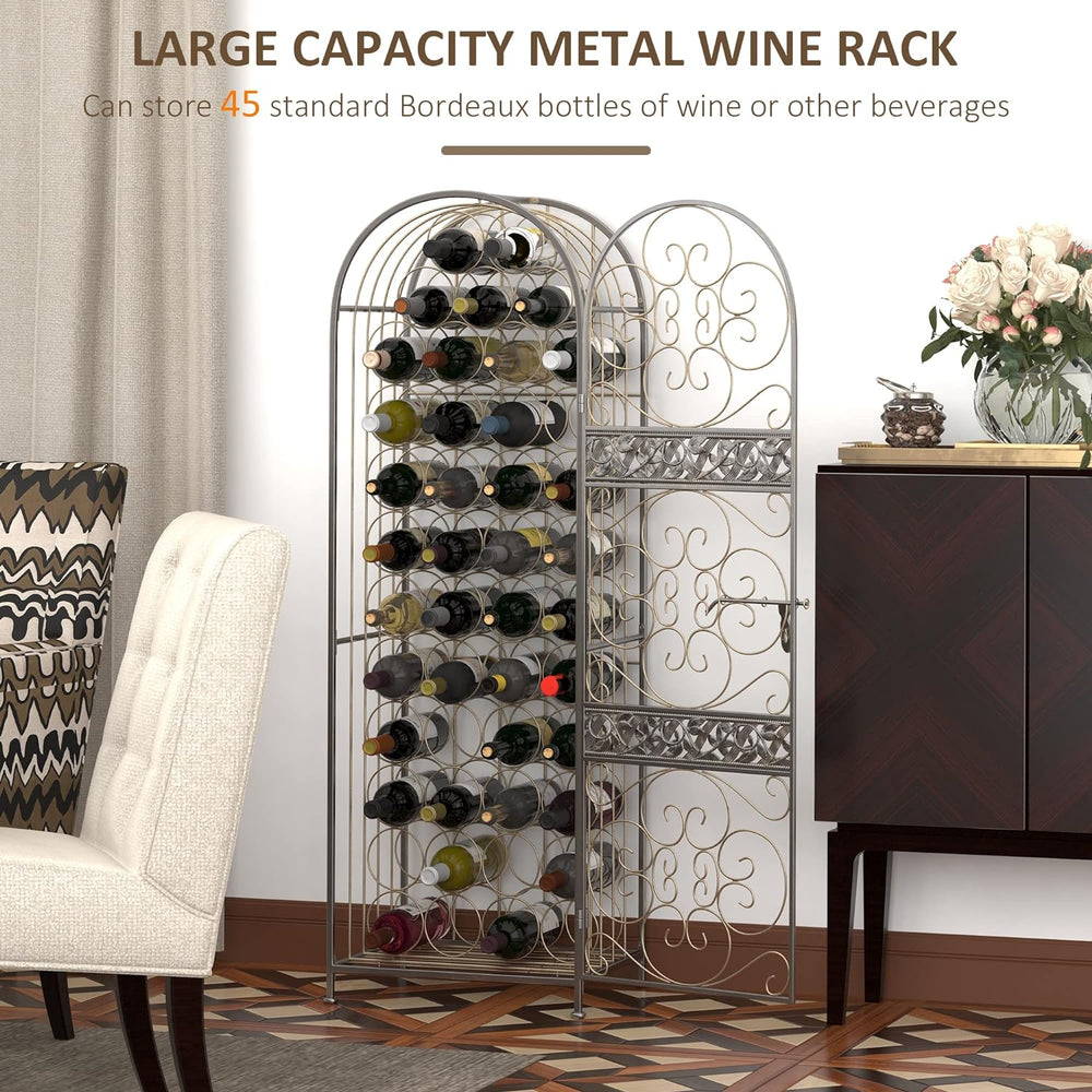 Wine Rack Cabinet, 45-Bottle Wrought Iron Wine Storage Cage with Lock, Antiqu...