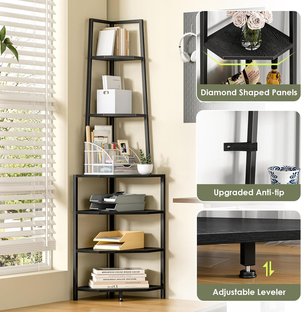 VECELO 6 Tier Corner Shelf 69 Inch Industrial Bookshelf with Metal Frame, Mul...