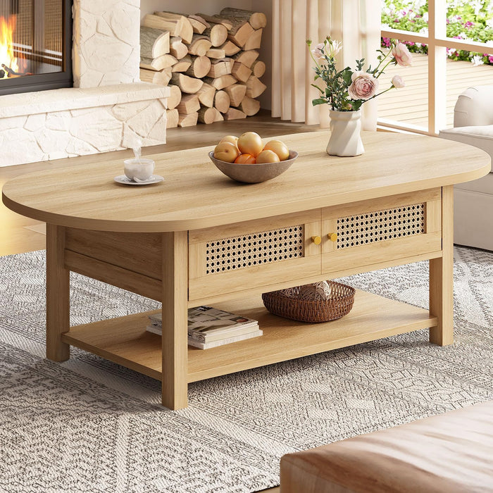 LVB Oval Rattan Coffee Table, 47" Boho Wood Living Room Table with Storage