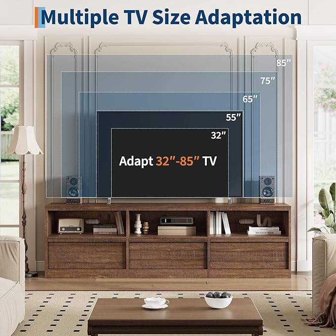 IDEALHOUSE 70 inch TV Stand for 80" TVs, Mid Century Modern Entertainment Center with Storage Drawer & Open Shelves, Wood Media Console Cabinet for Living Room/Bedroom, Vintage