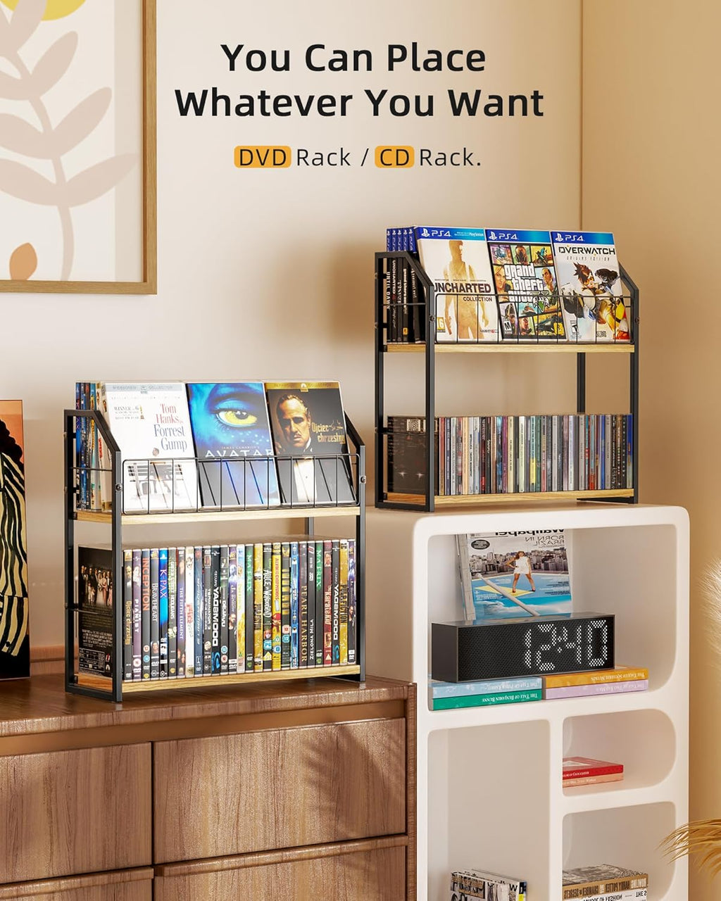 2-Tier DVD Storage Rack, DVD Shelf for Non-slip Feets Max 20 lb | DVD Holder, Blu Ray Storage, Stores Up to 56 DVDs, Display Organizer Tower for Music Enthusiasts, Collection Display Storage