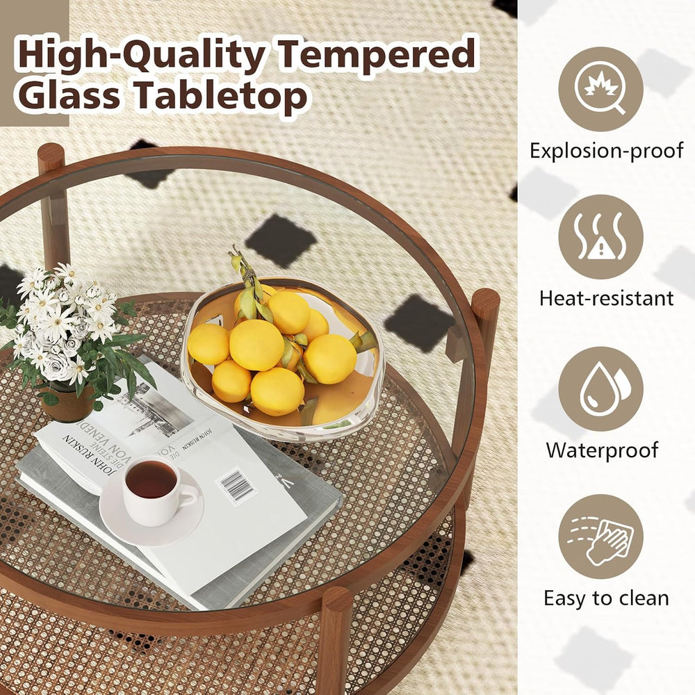 Rattan Coffee Table, 2-Tier Boho Glass Coffee Table with Solid Wood Frame &am...
