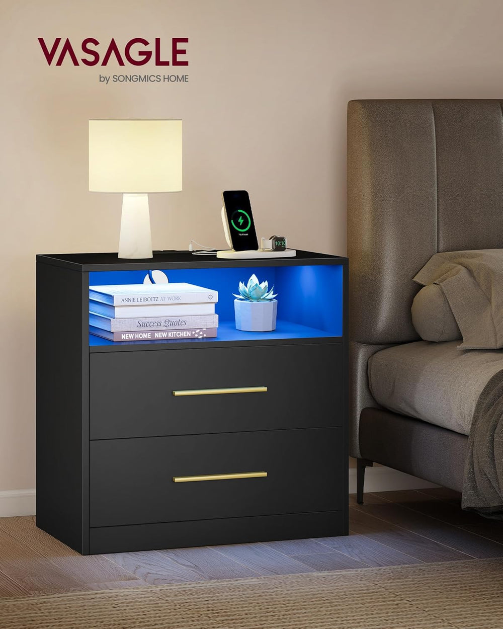 VASAGLE CUSTOS Collection Nightstand with Charging Station, 23.6 Inch | LED L...