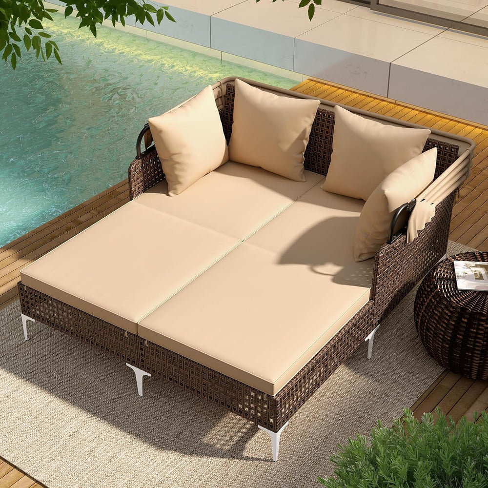 Tangkula Outdoor Rattan Daybed with Retractable Canopy, Boho Patio Wicker Sun...