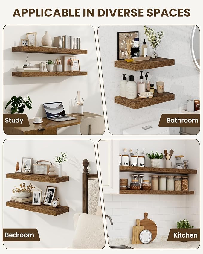 Marsmiles 48" Floating Shelves for Wall, Wooden Shelves with Invisible Brackets Set of 2, Rustic Farmhouse Wall Mounted Shelf for Kitchen Bathroom Living Room Study, Rustic Brown