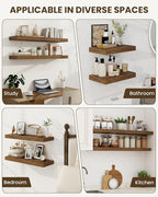 Marsmiles 16" Floating Shelves for Wall, Wooden Shelves with Invisible Brackets Set of 2, Rustic Farmhouse Wall Mounted Shelf for Kitchen Bathroom Living Room Study, Rustic Brown