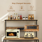 VUSIGN Kitchen Bakers Rack with Power Outlet, 31.5 Inch Coffee Bar Station with 6 S Hooks, 4 Tiers Microwave Stand with Storage, Kitchen Stand for Pots/Pans/Spices, Rustic Brown