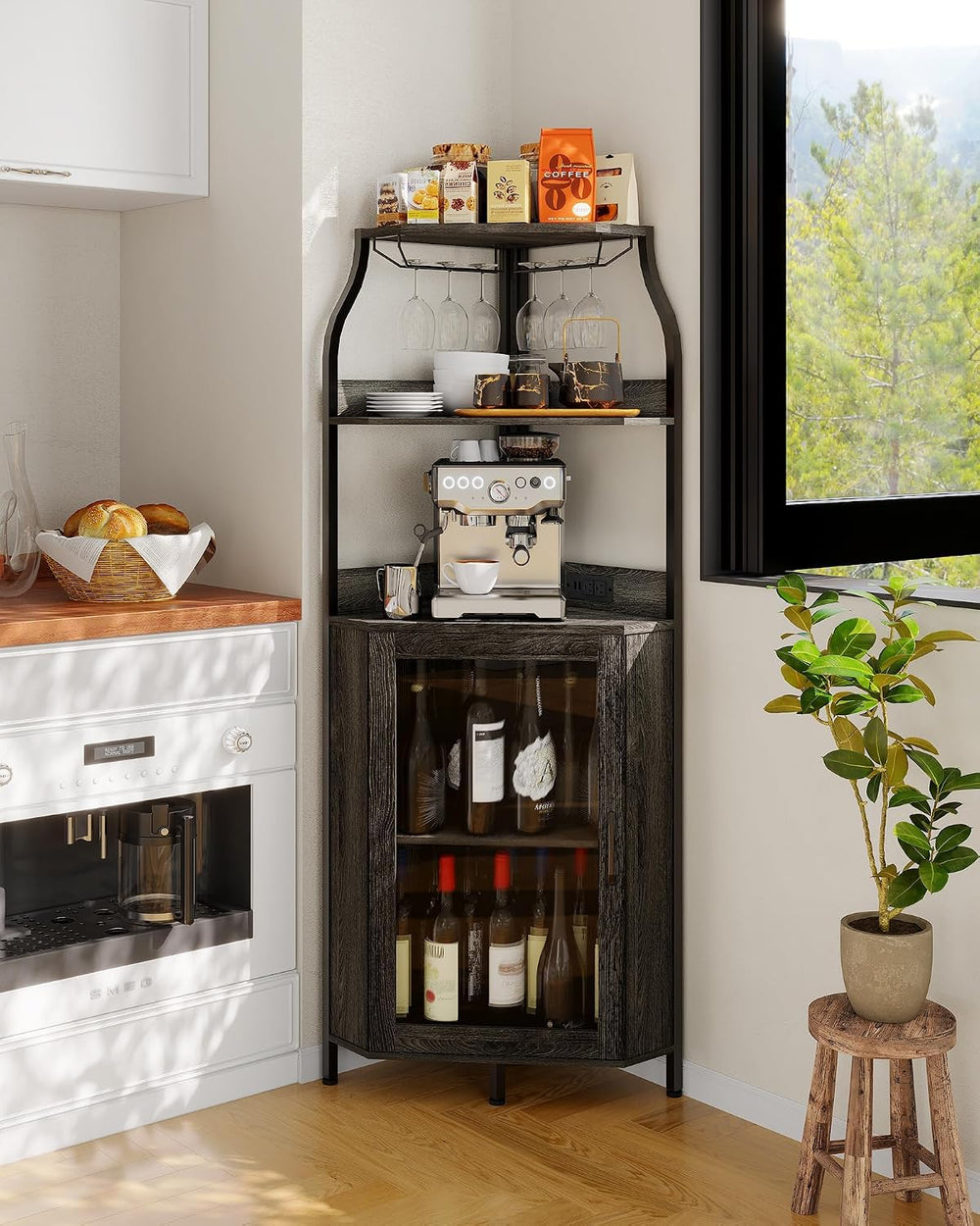 Garvee Corner Bar Cabinet with Power Outlet, Industrial Wine Cabinet with LED...