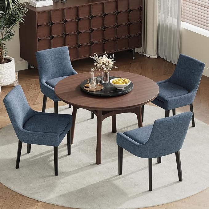 Dining Chairs Set of 2, Upholstered Corduroy Dining Room Chair with Wood Legs, Mid-Back Padded Kitchen Side Chairs for Dining Room, Blue