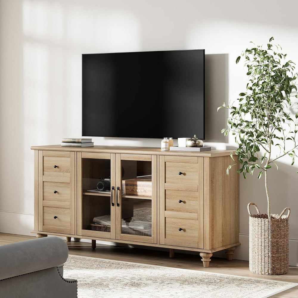 WAMPAT Farmhouse Sideboard Buffet Cabinet with Glass Door & Adjustable Sh...