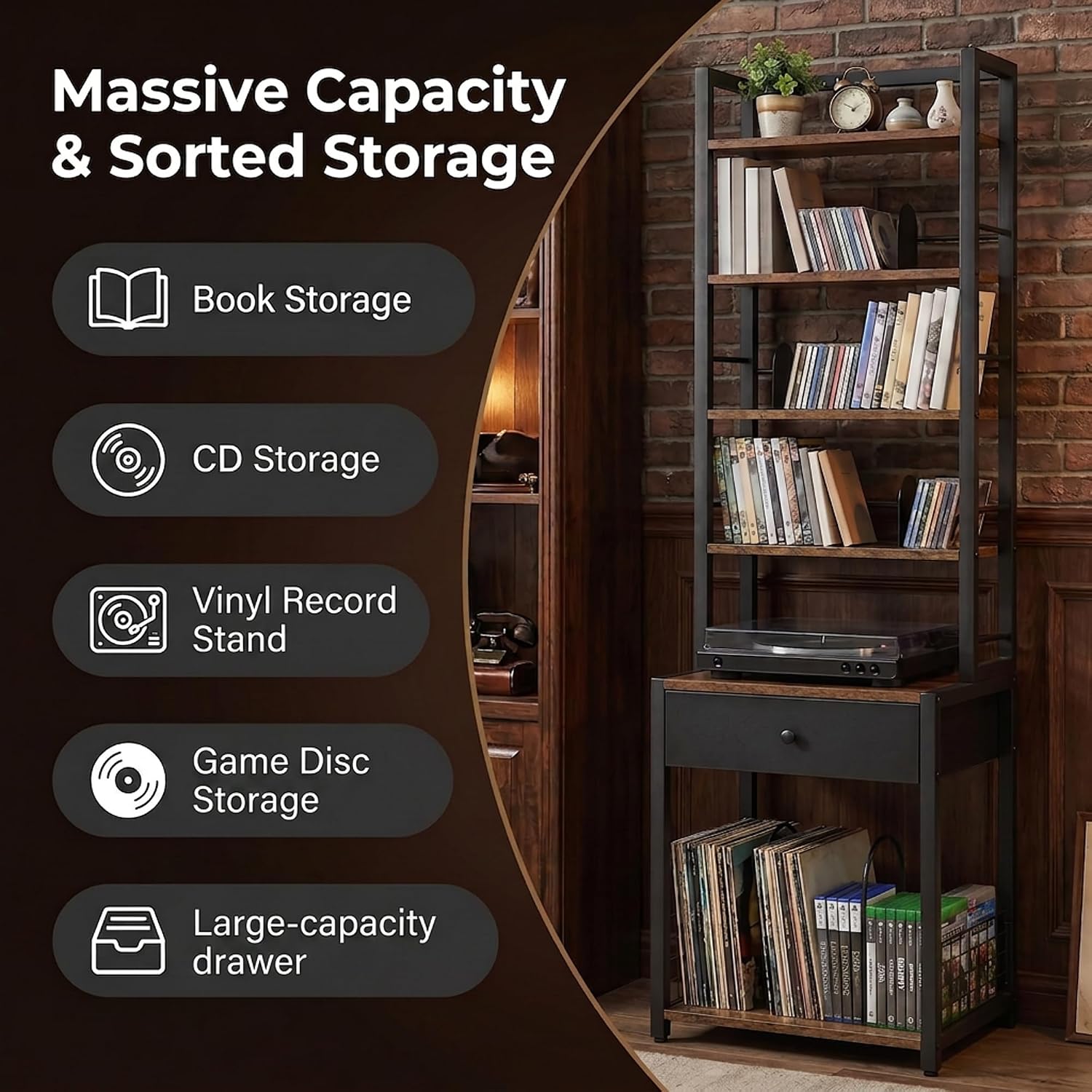 CD Storage Rack, 6-Tier DVD Organizer Shelf with Drawer & Adjustable Book Stoppers, Vinyl Record Holder &Multi-Purpose Media Organizer, Ideal for Living Room/Home Office,15.7x11.8x64.3Inch