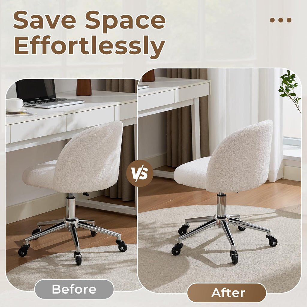 Home Office Chair with Quiet Wheels - Armless Vanity Chair Vanity Stool, 360 Swivel Height Adjustable White