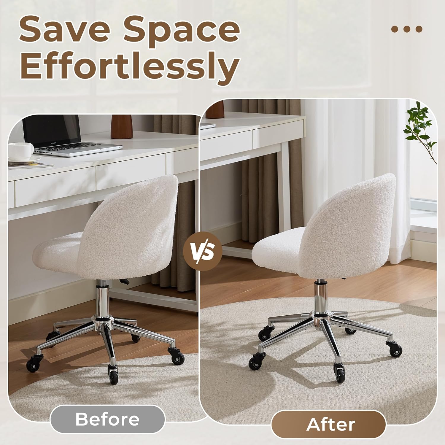 Home Office Chair with Quiet Wheels - Armless Vanity Chair Vanity Stool, 360 Swivel Height Adjustable White