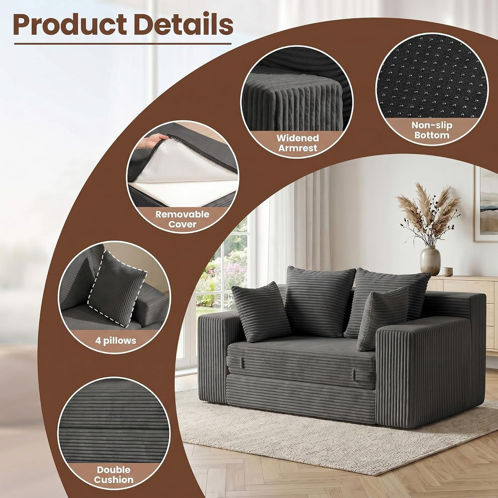 JUIKURY Floor Mini Couch 53 Inch, 3-in-1 Gray Couches Covertible Sofa Bed wit...