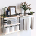 RICHER HOUSE 3+1 Tier Wall Mounted Floating Shelves Set of 2, Rustic Wood Wall Shelf with Metal Frame, Extra Storage Rack for Bathroom, Kitchen, Bedroom with Tissue Rack & Towel Bar - White