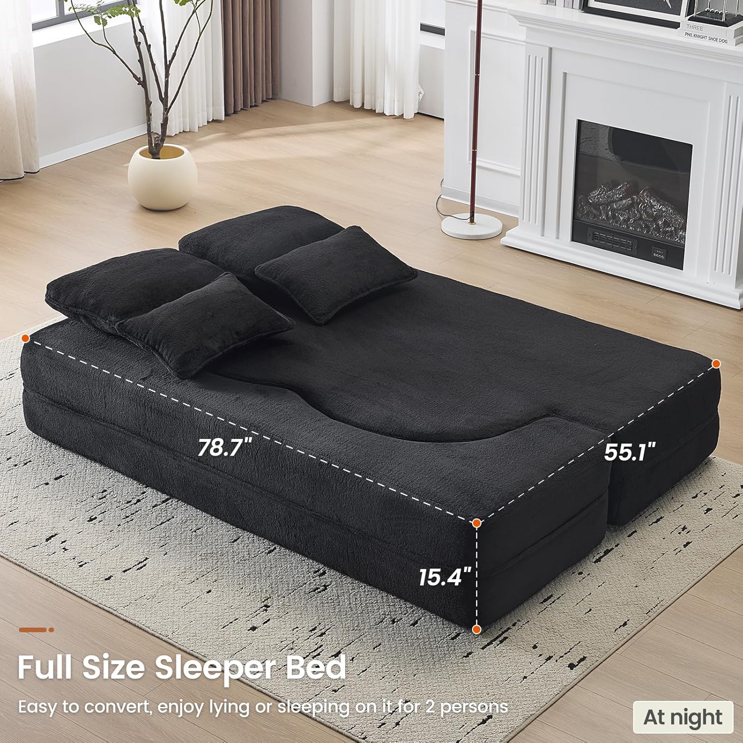 78” Folding Sleeper Sofa Bed, Full Size Boneless Couch, Black | Convertible Loveseat, Deep Seat, Soft Chenille, 4 Pillows, No Assembly Required, for Guest Living Room Bedroom