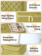 Velvet Travel Jewelry Box with Large Mirror, Double-Layer Jewelry Organizer Case for Women and Girls, Portable Storage Case with 6 Anti-Tarnish Bags Gift Ready for Her (Avocado Green)