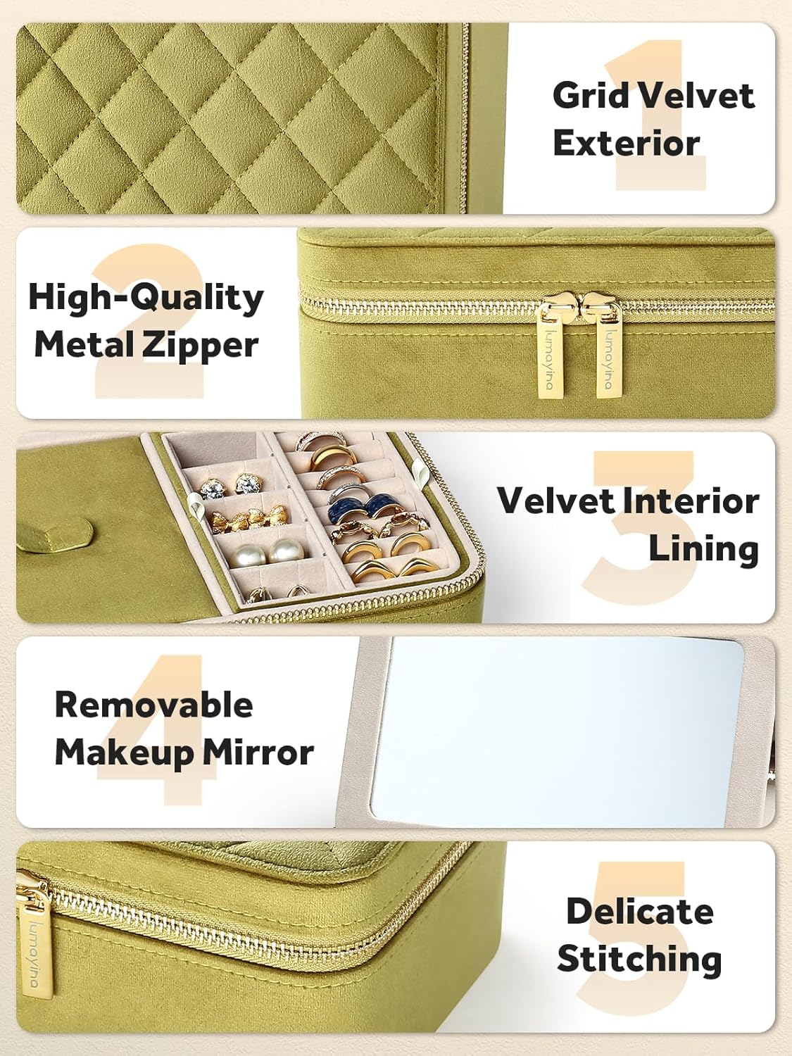 Velvet Travel Jewelry Box with Large Mirror, Double-Layer Jewelry Organizer Case for Women and Girls, Portable Storage Case with 6 Anti-Tarnish Bags Gift Ready for Her (Avocado Green)