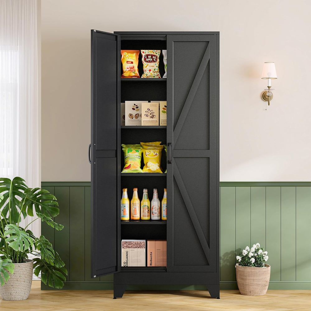RAVIGIN Farmhouse Storage Cabinet,75" H Metal Pantry Cabinet with Barn D...