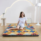 Japanese Floor Mattress Twin, Anti-Slip Japanese Futon Foldable Tatami Mat for Guests, Boho Orange Checkered