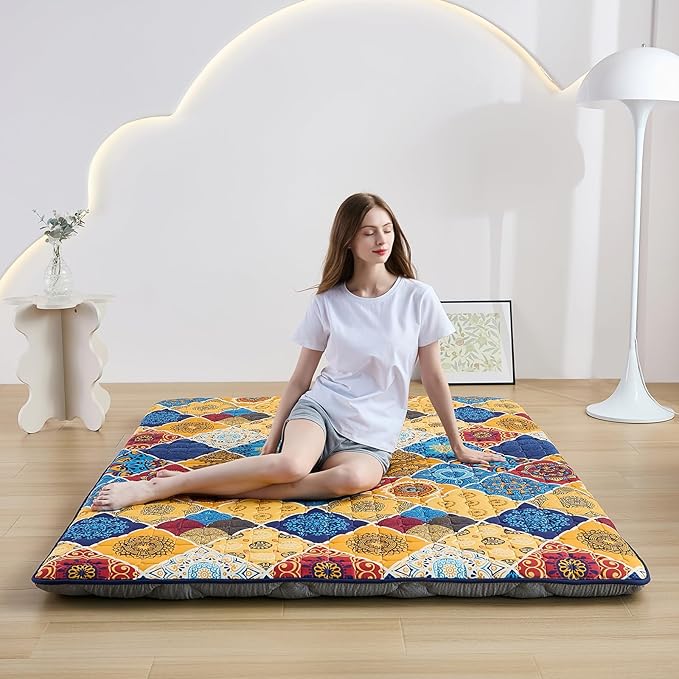 Japanese Floor Mattress Twin, Anti-Slip Japanese Futon Foldable Tatami Mat for Guests, Boho Orange Checkered
