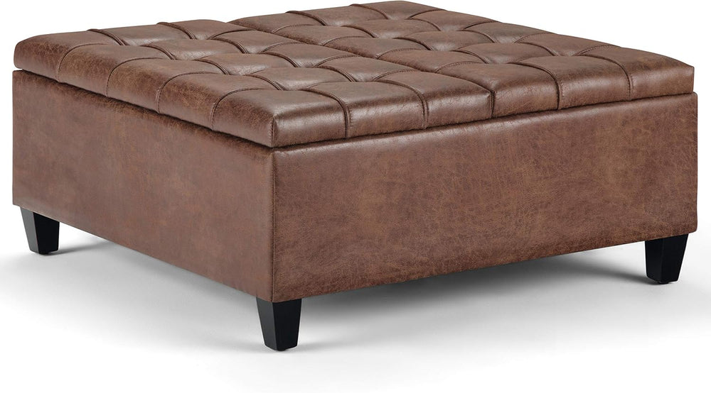SIMPLIHOME Harrison 36" Wide Vegan Leather Lift Top Ottoman in Saddle Br...