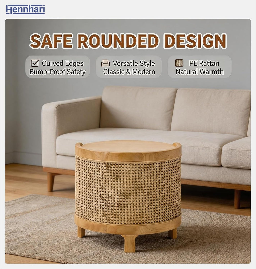 Acacia Wood Rattan Coffee Table, Side Table with Woven Cane Doors, Round End ...