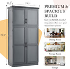 35.5x17.6x70.9inch Freestanding Kitchen Pantry Cabinet, Tall Storage Cabinet with 4 Doors, 2 Door Shelves, 8 Pull-Out Trays and Adjustable Shelf for Dining Room, Gray