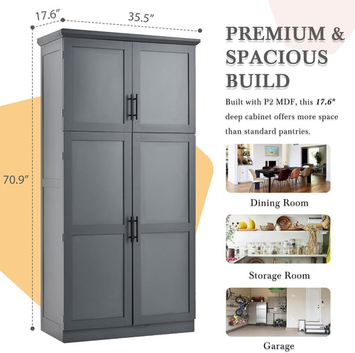 35.5x17.6x70.9inch Freestanding Kitchen Pantry Cabinet, Tall Storage Cabinet with 4 Doors, 2 Door Shelves, 8 Pull-Out Trays and Adjustable Shelf for Dining Room, Gray