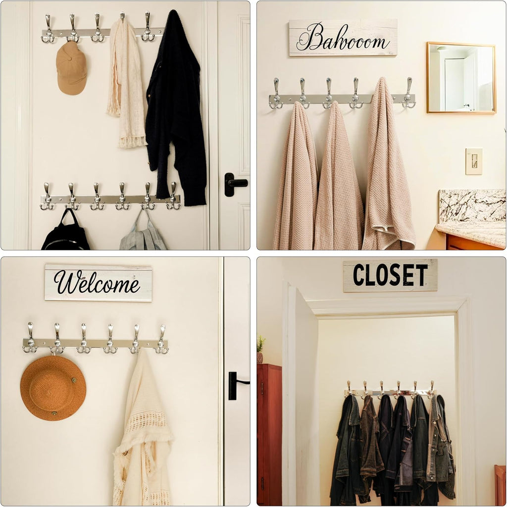 Dseap Coat Rack Wall Mount 2.0 Pro: 24” Long, 3X Tougher, Heavy Duty Stainless Steel Wall Coat Hanger with 6 Tri Hooks for Clothes Jackets Hats Entryway Closet, Chromed, Pack of 2