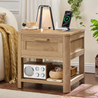 Joaxswe Farmhouse Side Table Set of 2 Living Room, Natural Wood | Small Nightstand with 1 Drawers & Open Shelving & 4 Thickened Table Legs & Rounded Corners