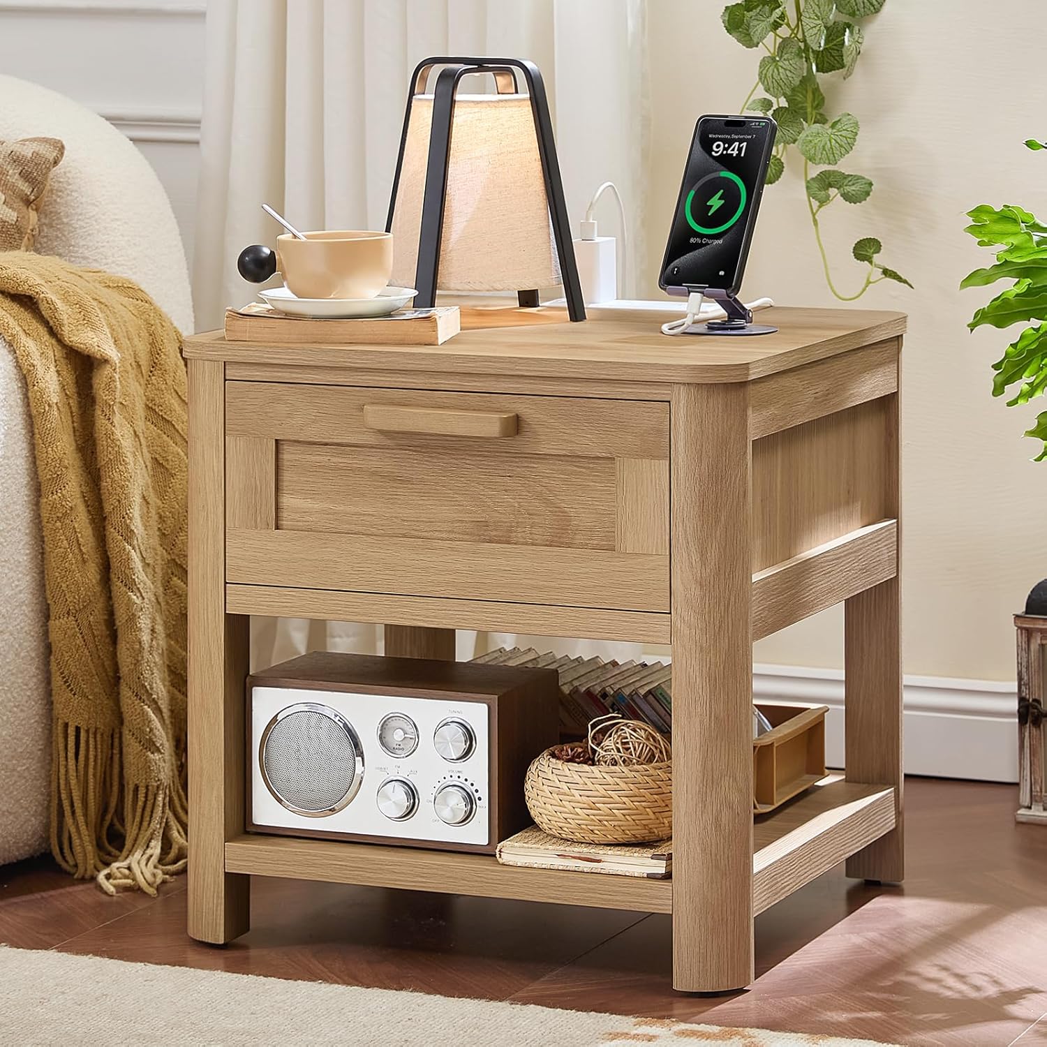 Joaxswe Farmhouse Side Table Set of 2 Living Room, Natural Wood | Small Nightstand with 1 Drawers & Open Shelving & 4 Thickened Table Legs & Rounded Corners