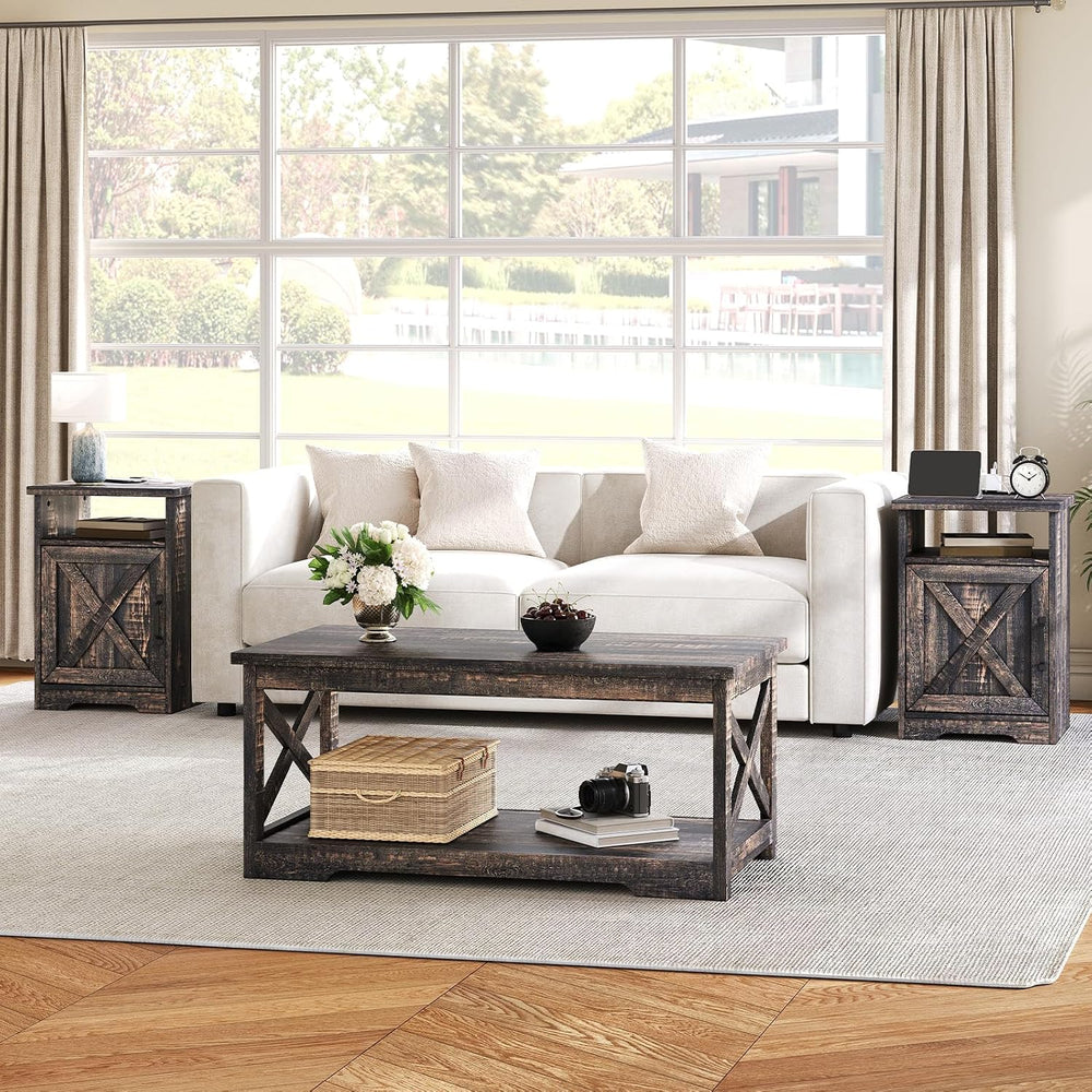 AMERLIFE 3 Piece Farmhouse Living Room Coffee Table Set, Dark Oak | Coffee Ta...