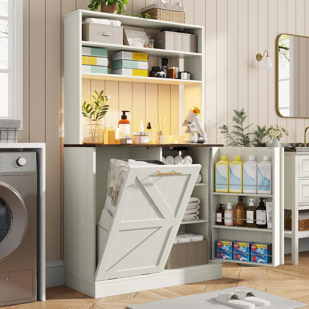 63" H Pantry Cabinets with 10 Gallon Trash Can,Led Light,Outlet,35" W Kitchen Hutch with Tilt Out Trash Can Cabinet,Farmhouse Cupboard with Large Countertop for Living Room,Dining Room,Antique White