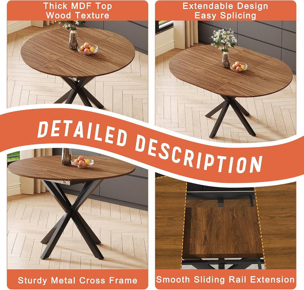 Round Dining Table Set for 6, 43-59" Extendable Dining Room Table Set, W...