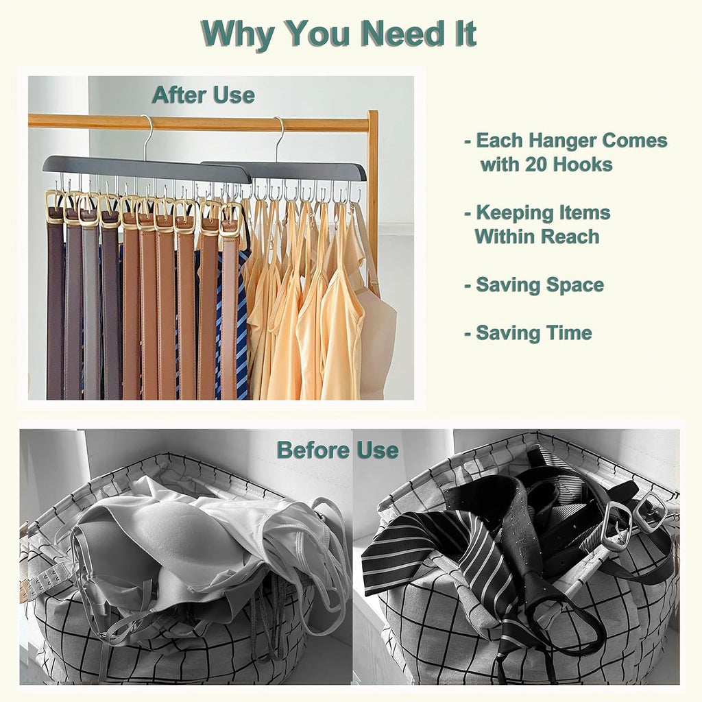 2 Pack Belt Hanger for Closet Organizer,Wooden Belt Storage Organizer with 20 Metal Hooks for Space Saving,Foldable Belts Holder for Belts,Tank Tops,Ties(Black)