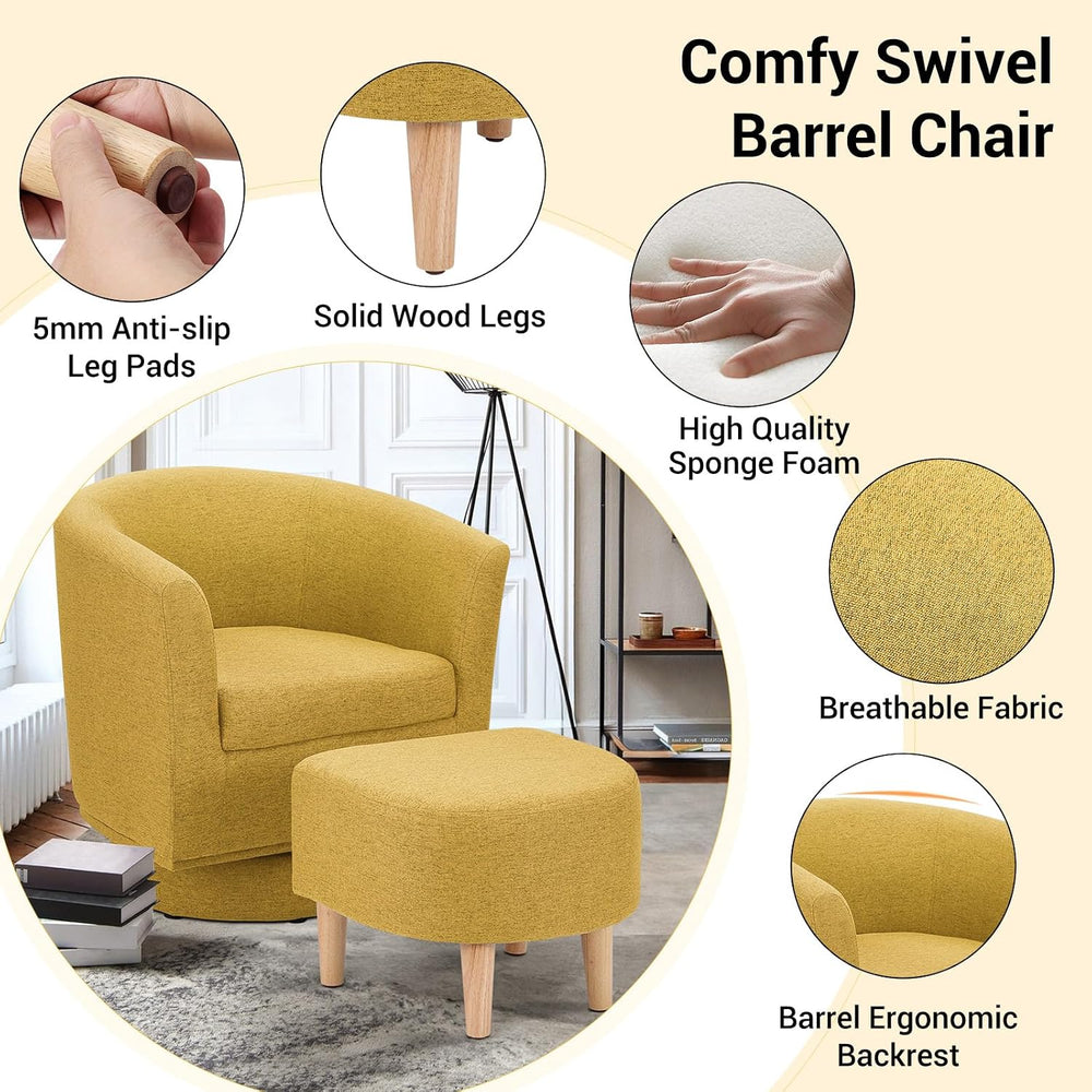 DAZONE Swivel Accent Chair Set of 2 with Ottoman Barrel Armchairs Yellow