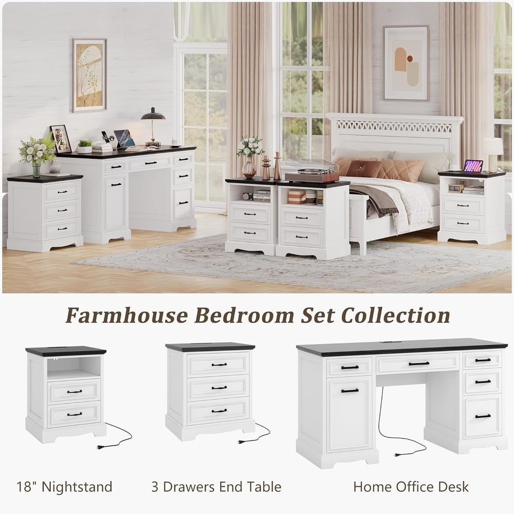 18" Farmhouse Nightstand Set of 2 with Charging Station, White End Table...