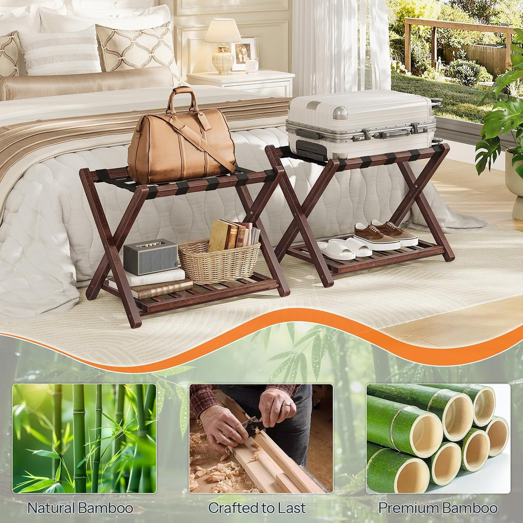 HOOBRO Luggage Rack, Folding Luggage Holder, Bamboo Suitcase Stand for Guest Room, with Nylon Strap Support Shelf, Holds up to 110 lb, for Hotel, Bedroom, Brown BR19XL01