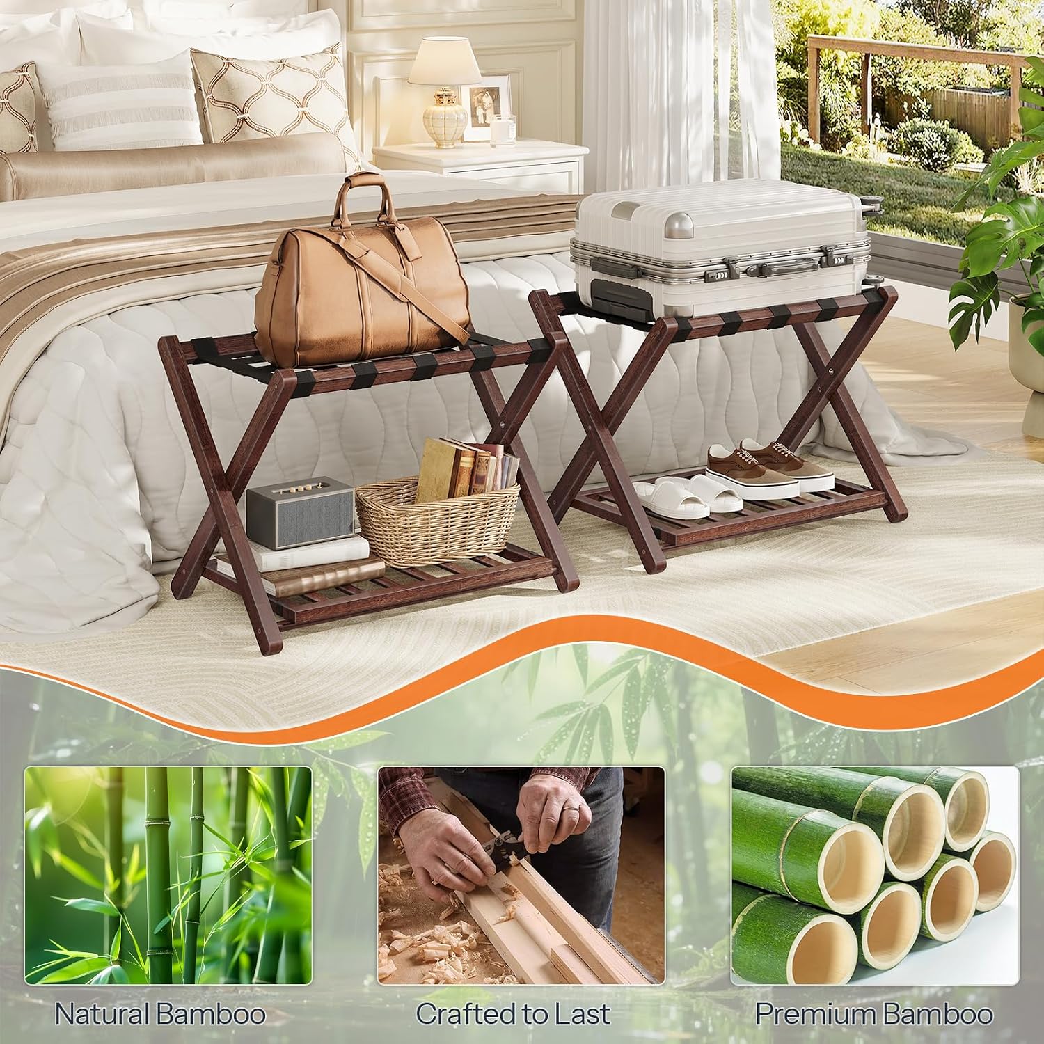 HOOBRO Luggage Rack, Folding Luggage Holder, Bamboo Suitcase Stand for Guest Room, with Nylon Strap Support Shelf, Holds up to 110 lb, for Hotel, Bedroom, Brown BR19XL01