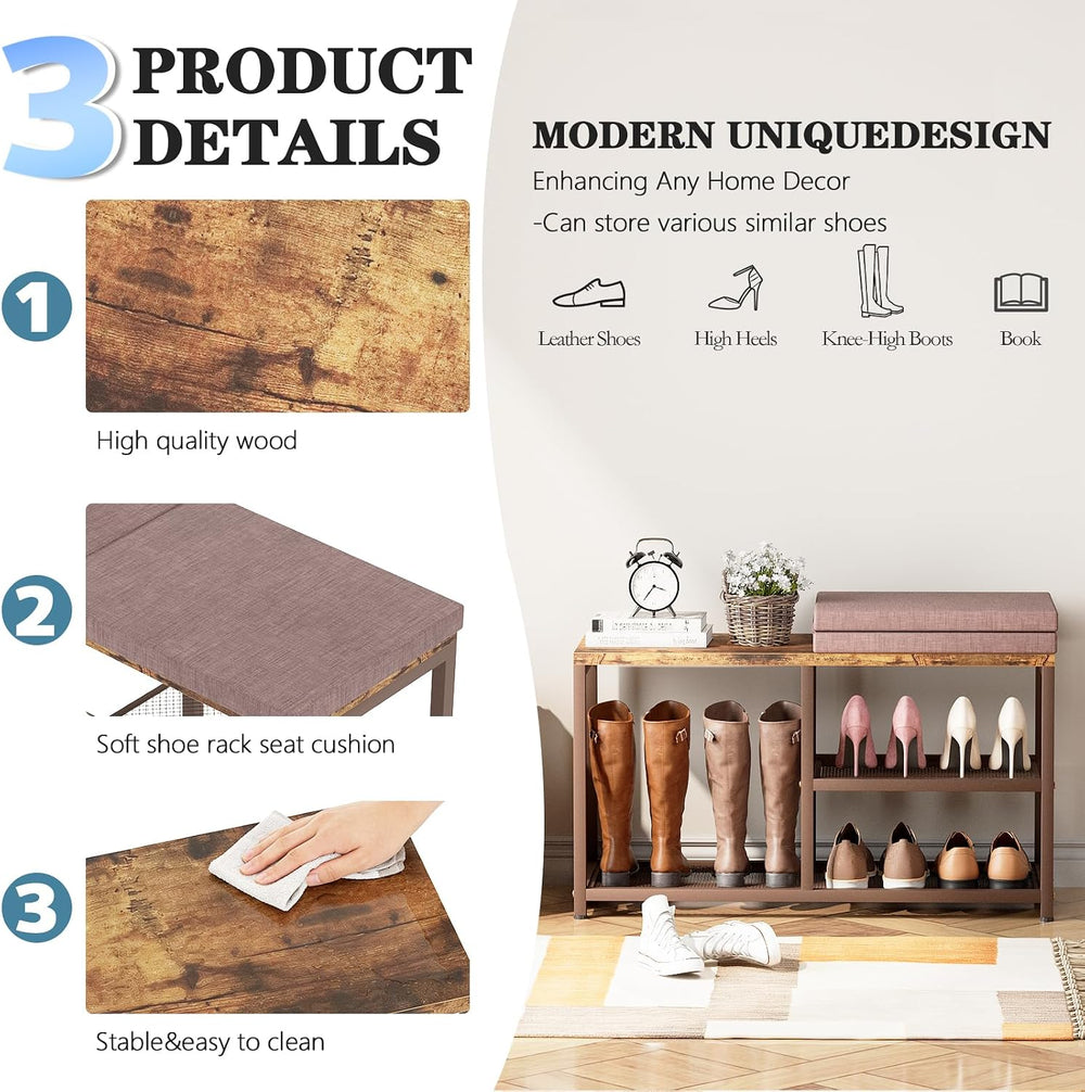 Shoe Rack Bench for Entryway 3-Tier, Free Standing Shoe Racks with Seat Cushi...