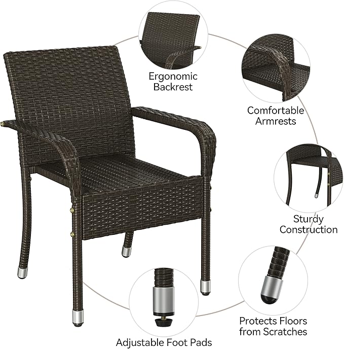 Yaheetech Set of 4 Stackable Outdoor Rattan Dining Chairs, All-Weather Armchair w/Armrests, Steel Frame for Garden, Patio, Deck, Yard, Poolside, Brown