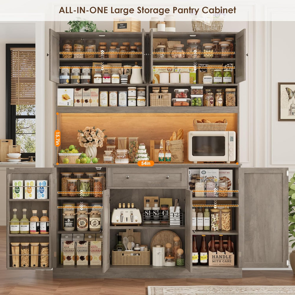 HIFIT 72.8” Tall Kitchen Pantry Cabinet with LED & Charging Station, 55” ...